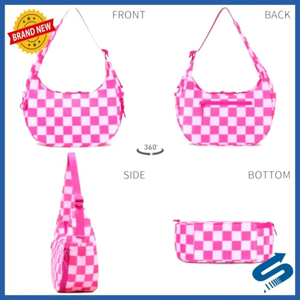 Small Nylon Hobo Shoulder Bag with Checkered Pattern, Anti-Theft Pocket